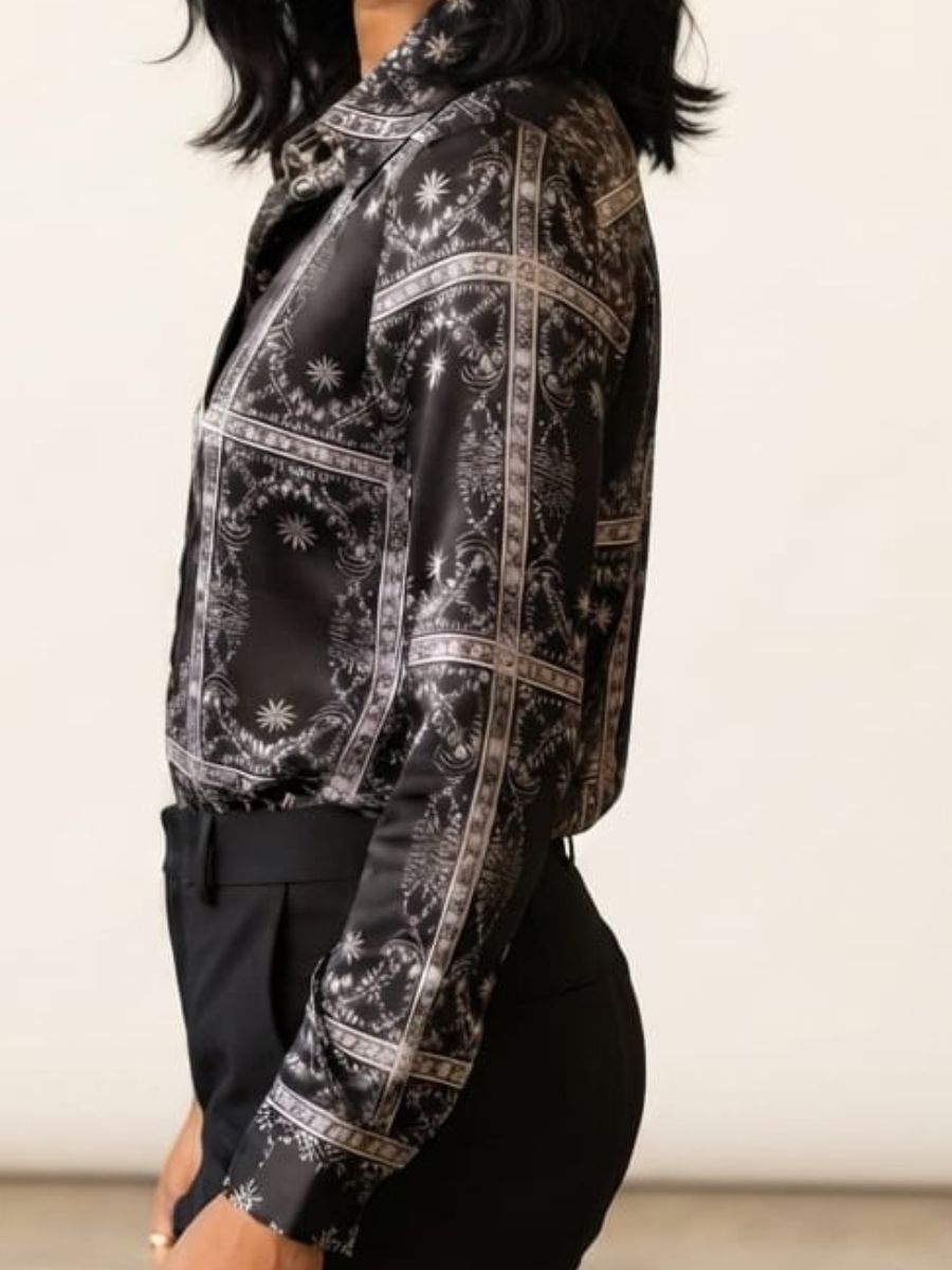 ModaFesta -black flawer printed satin shirt
